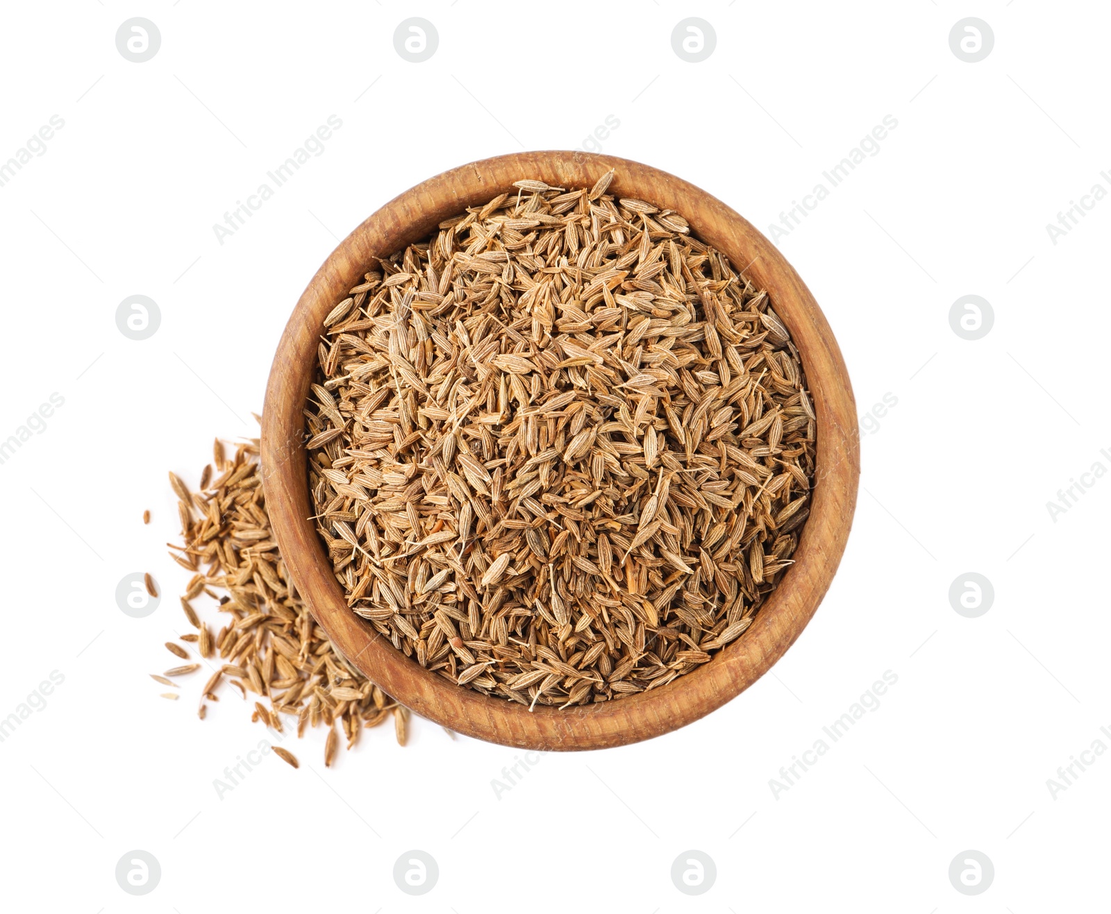 Photo of Bowl of aromatic caraway (Persian cumin) seeds isolated on white, top view