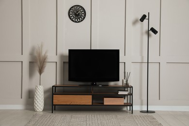 Photo of Elegant room interior with modern TV on stand, floor lamp and decorative dry plants