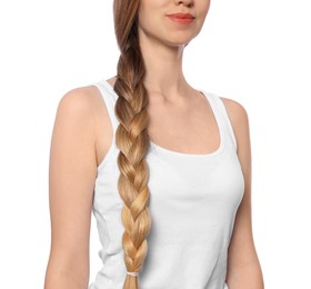 Photo of Teenage girl with strong healthy braided hair on white background, closeup