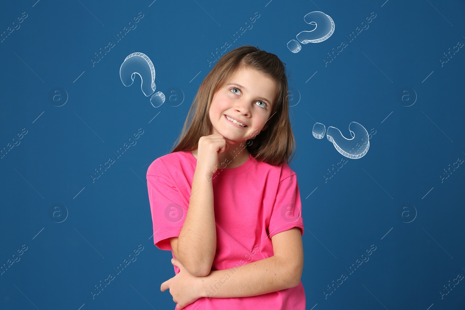 Image of Choice in profession or other areas of life, concept. Making decision, cute preteen girl surrounded by drawn question marks on blue background