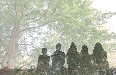 Silhouettes of children and tree outdoors, double exposure. Space for text