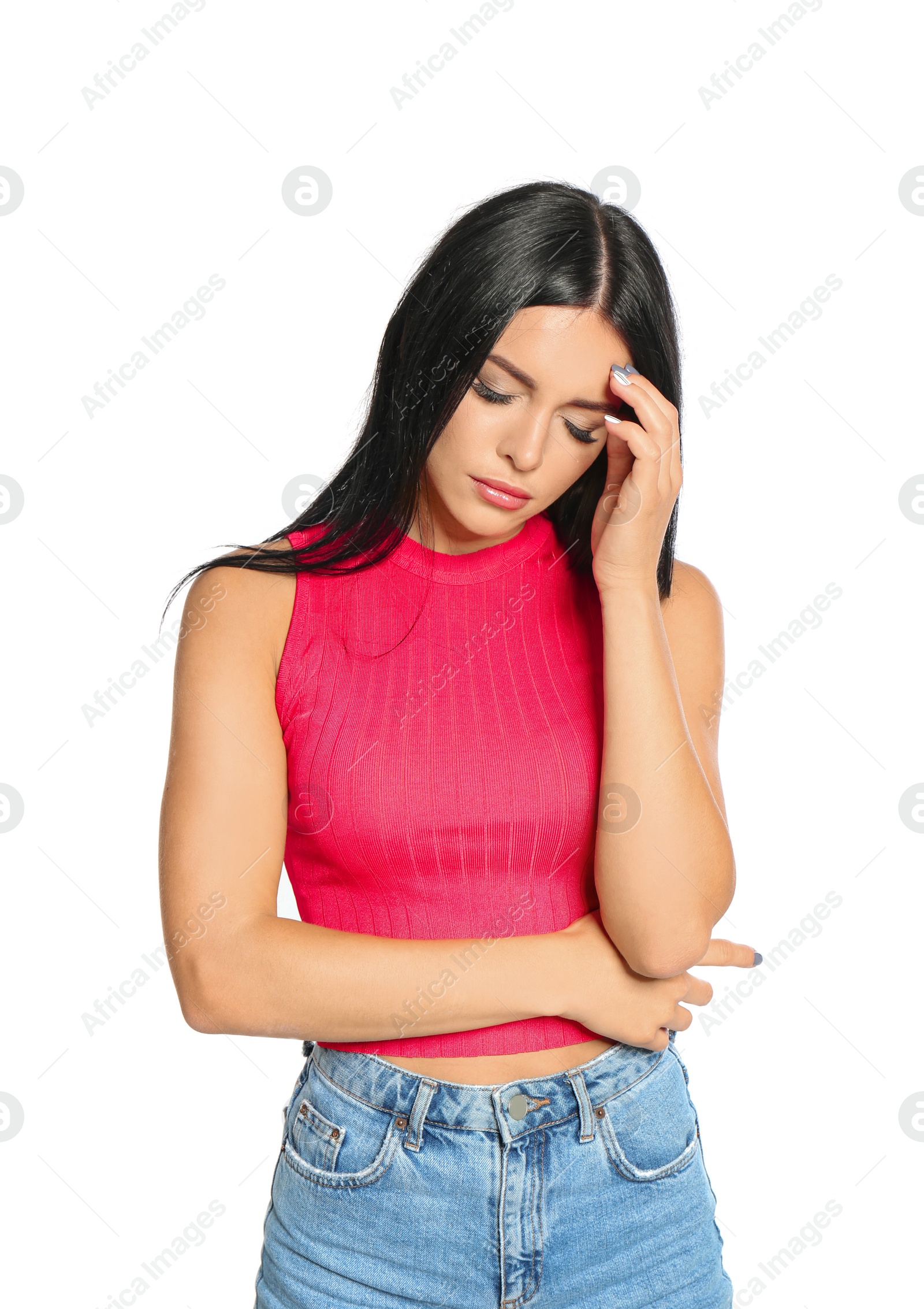 Photo of Beautiful unhappy woman on white background