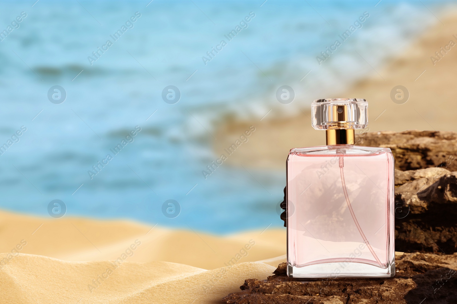 Image of Bottle of aquatic perfume on rock near ocean. Fresh sea breeze scent