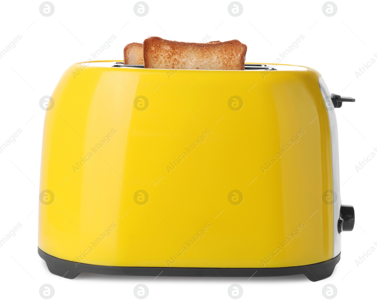 Photo of Yellow toaster with roasted bread slices on white background