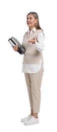 Senior woman with folders on white background