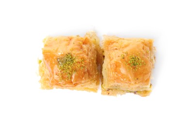 Delicious baklava with pistachios isolated on white, top view