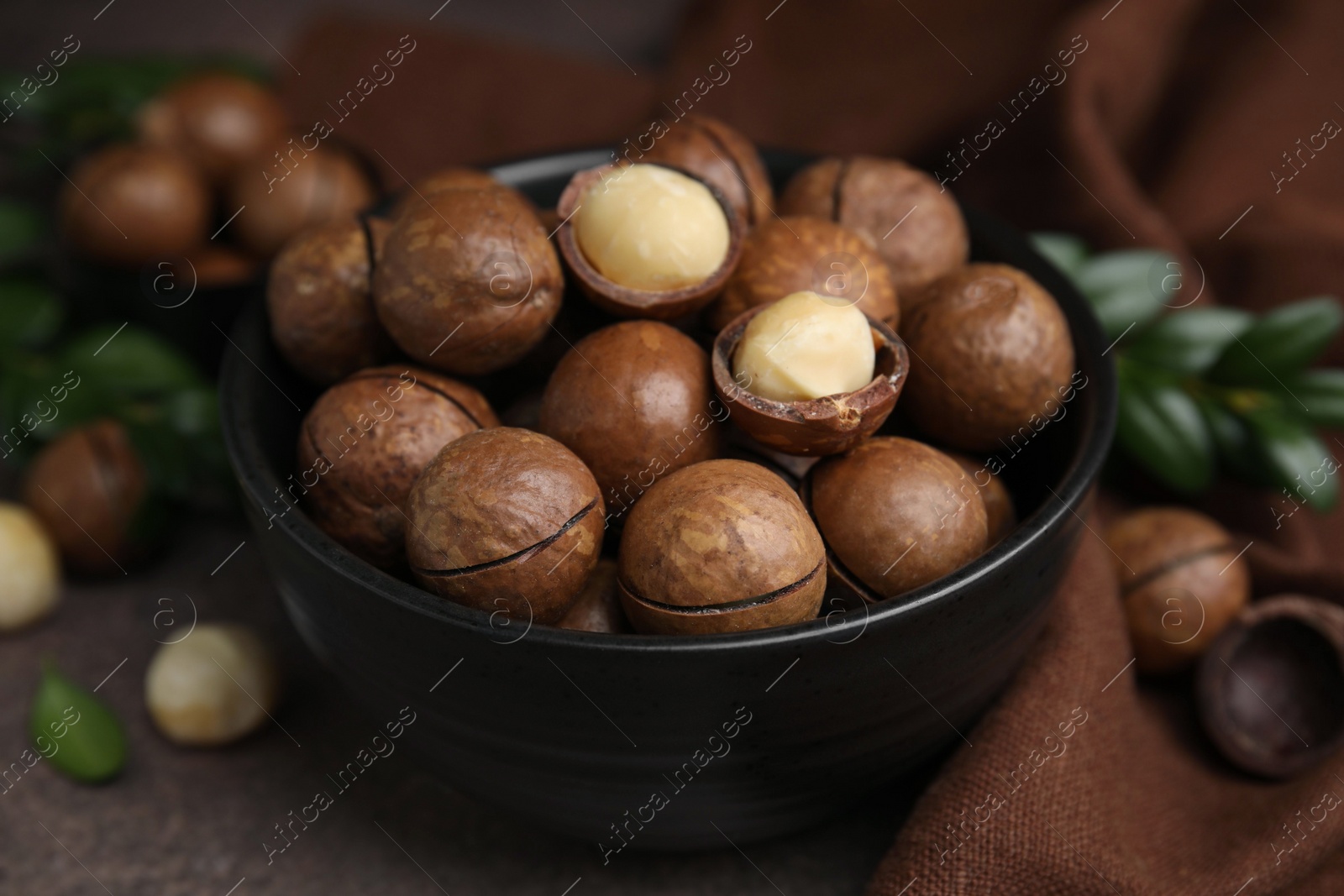 Photo of Tasty Macadamia nuts in bowl on table, closeup