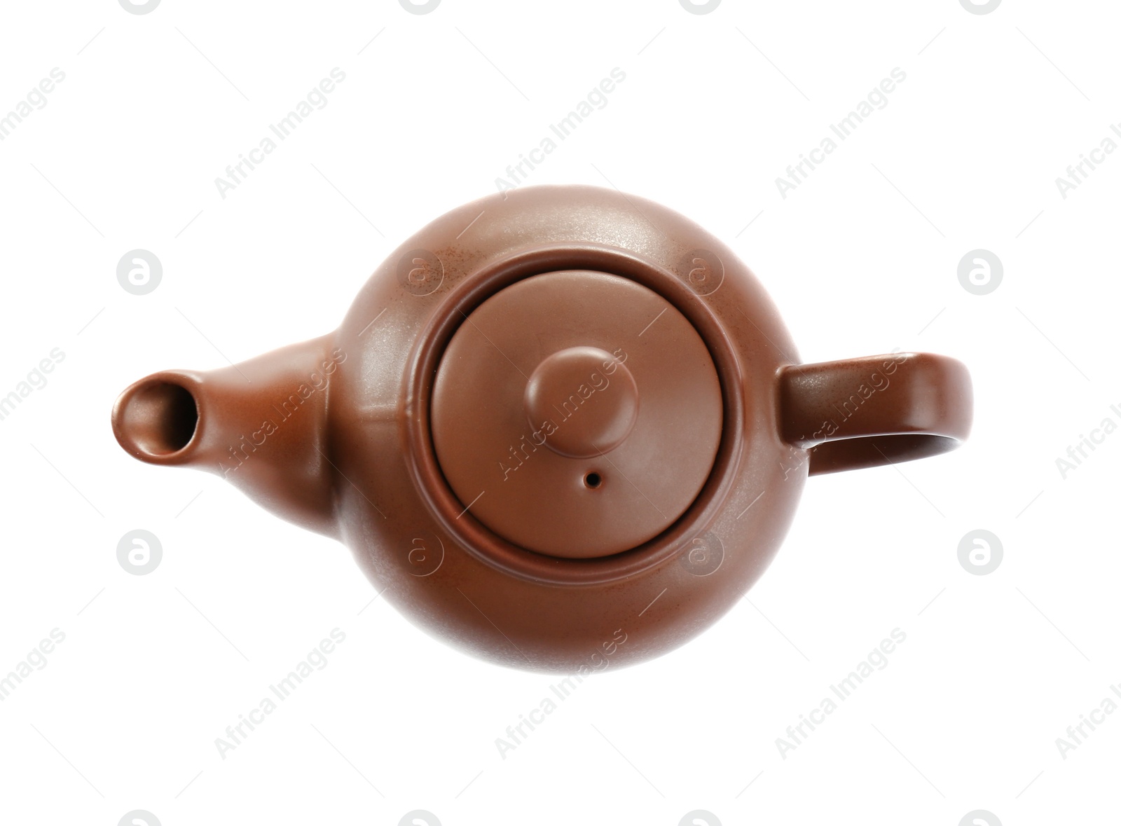 Photo of Brown clay teapot isolated on white, top view