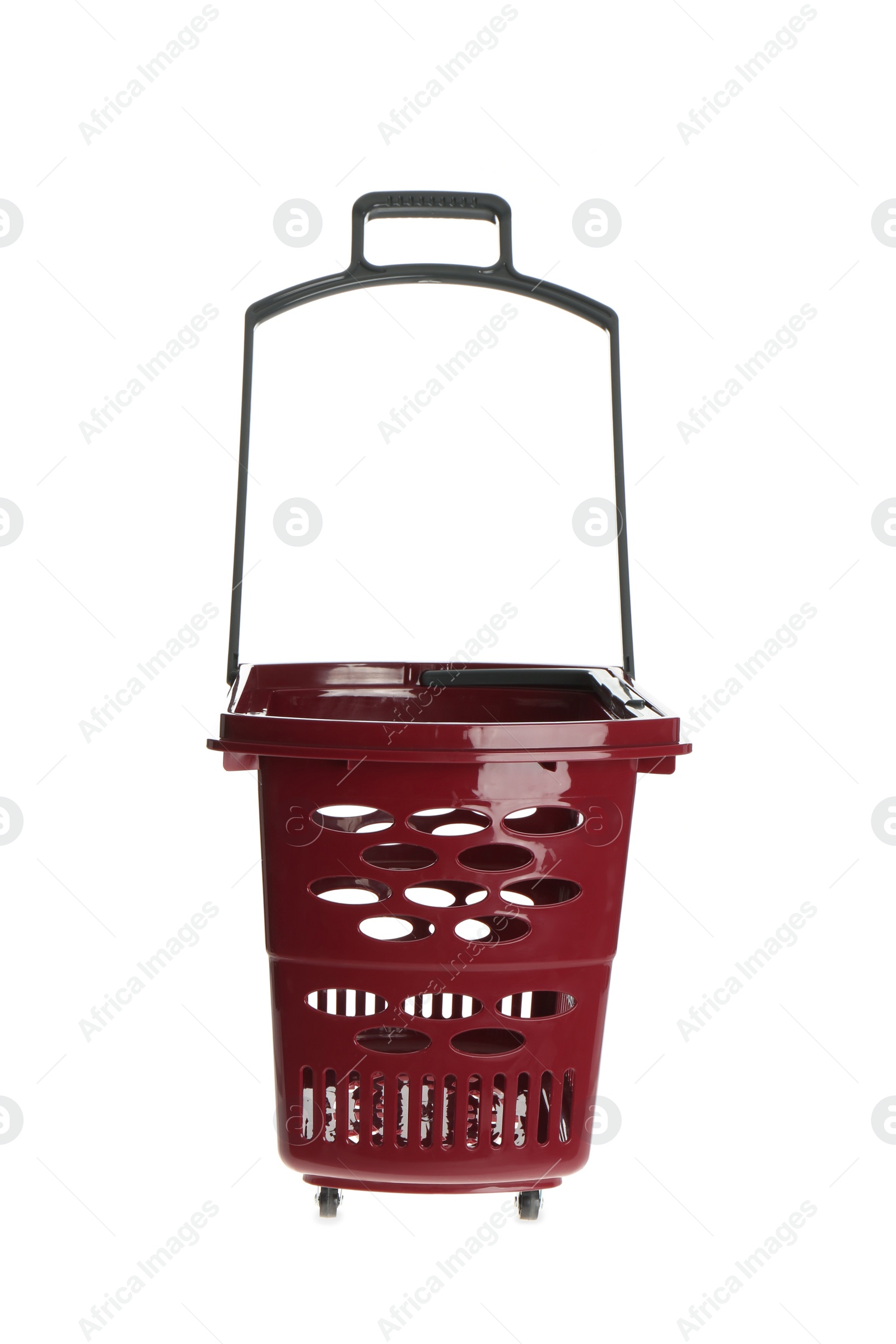 Photo of Red empty shopping basket isolated on white