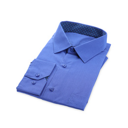 Photo of Stylish blue shirt isolated on white. Dry-cleaning service