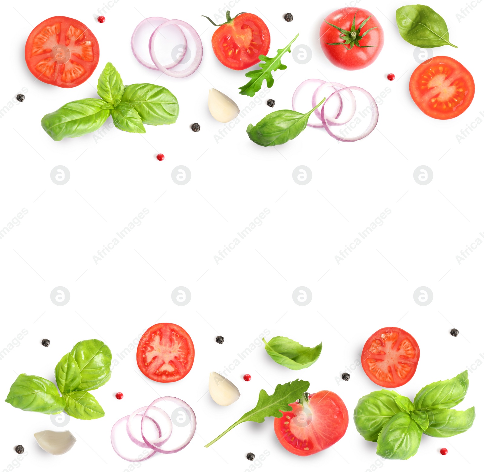 Image of Fresh ripe tomatoes with garlic, onion, basil, arugula and peppercorns on white background, top view