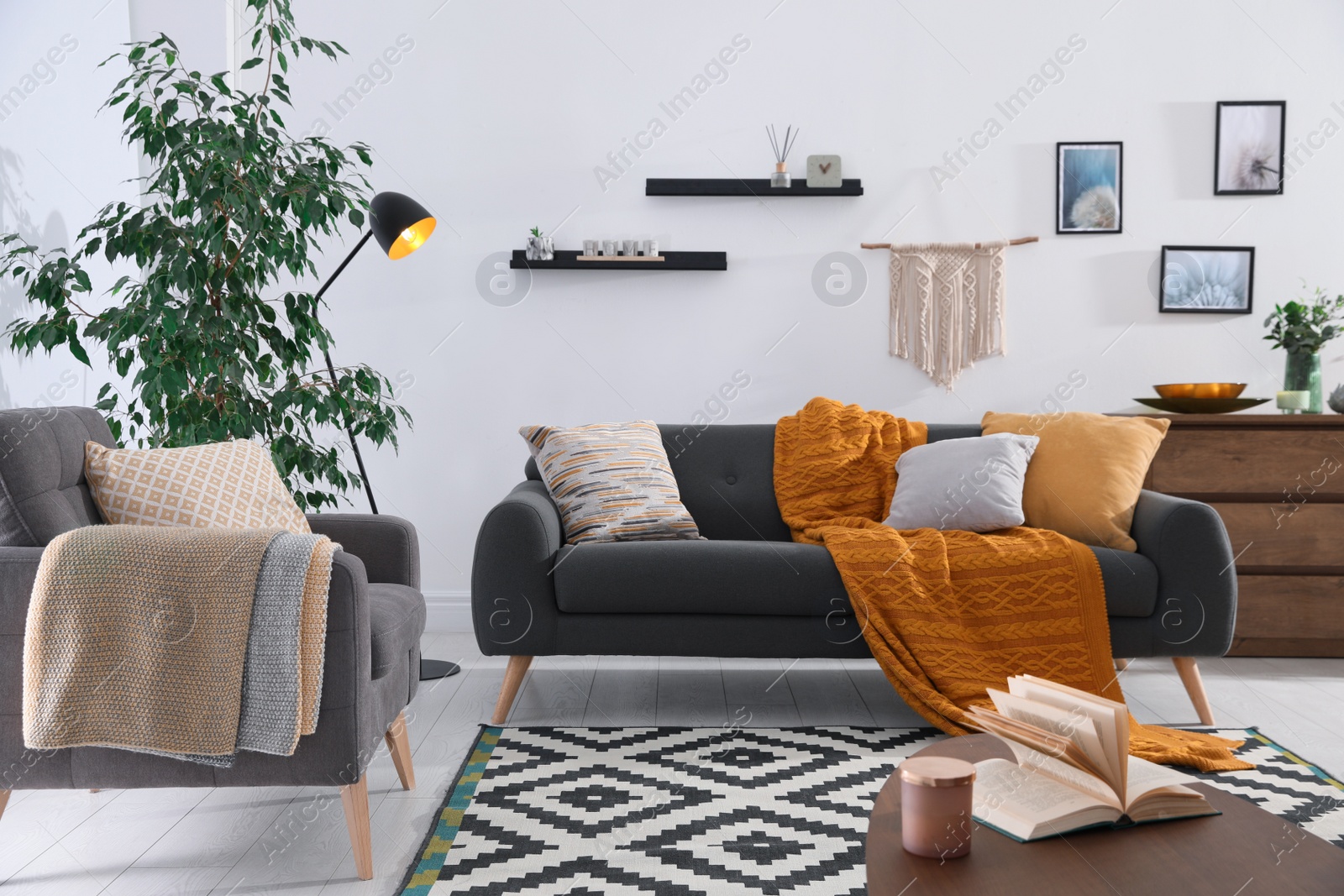 Photo of Stylish living room interior with comfortable sofa and armchair