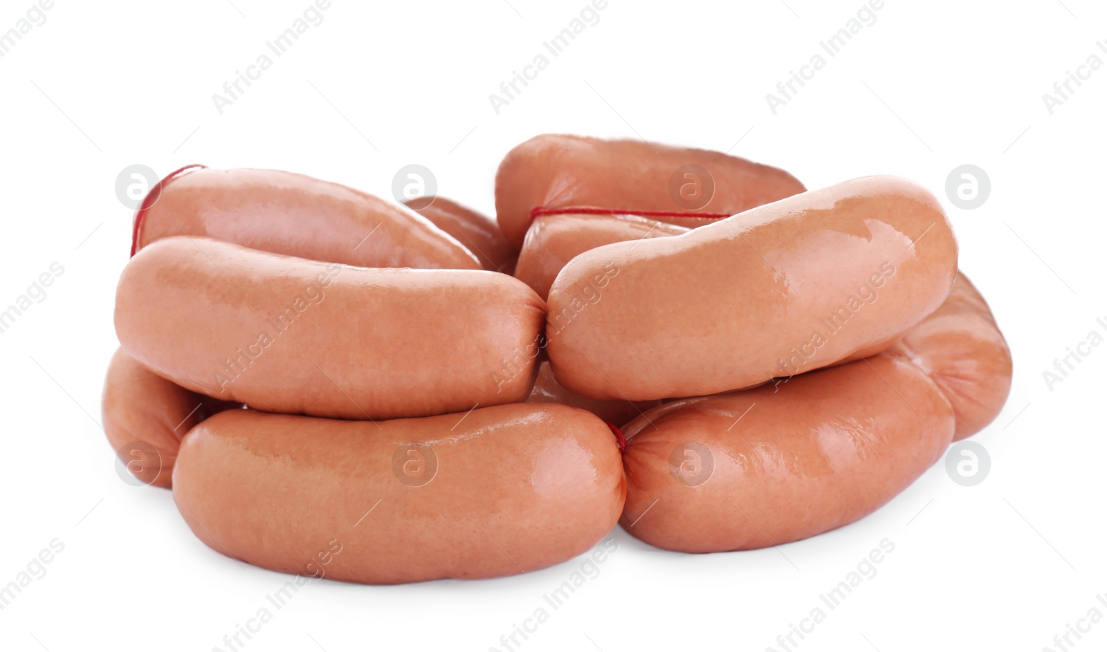 Photo of Tasty sausages isolated on white. Meat product