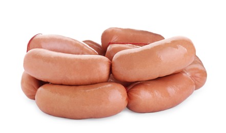 Photo of Tasty sausages isolated on white. Meat product