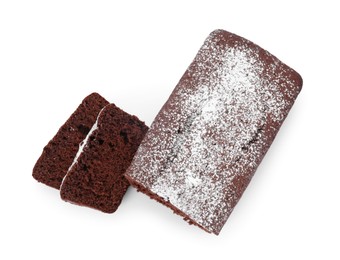 Photo of Tasty chocolate sponge cake with powdered sugar on white background, top view