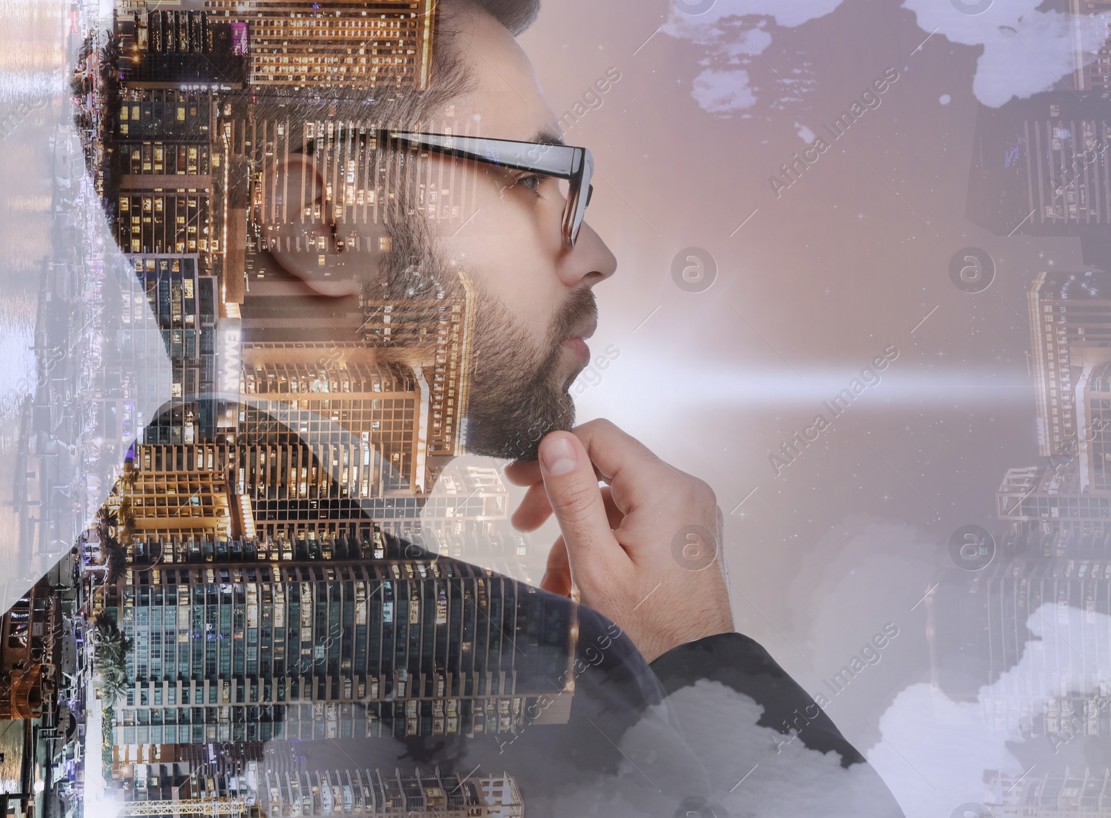 Image of Double exposure of young businessman and night cityscape. Financial analytics