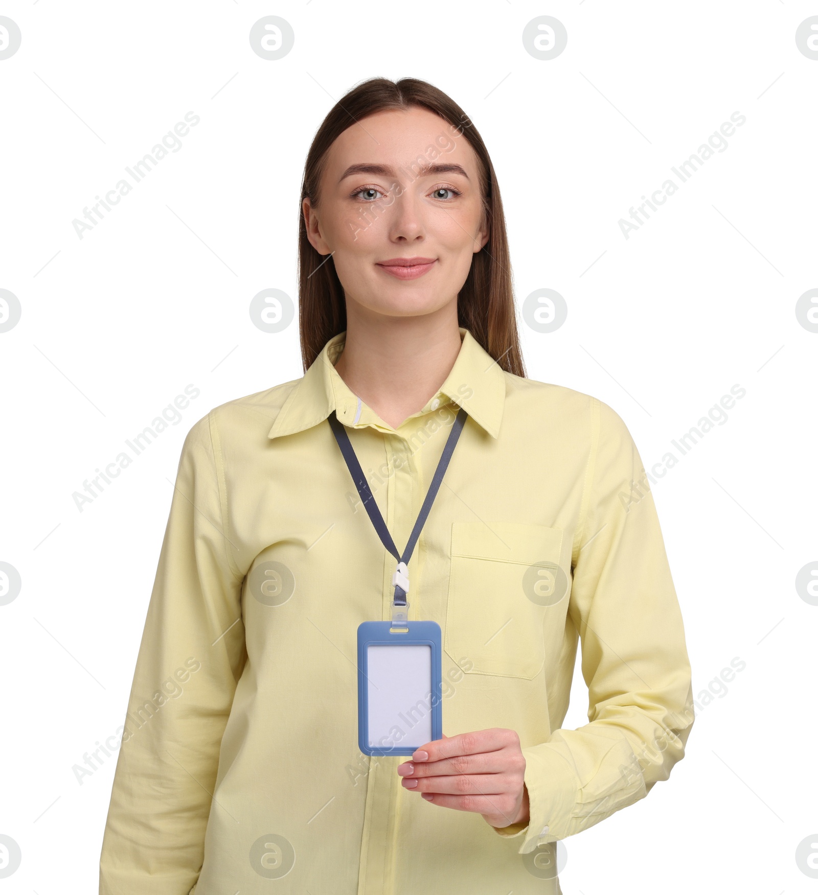 Photo of Woman with blank badge on white background