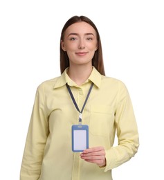 Photo of Woman with blank badge on white background