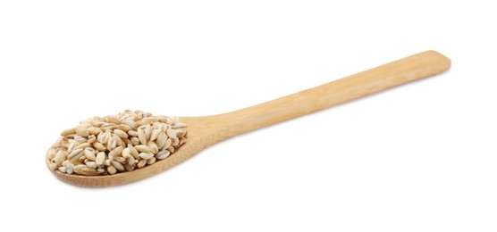 Photo of Wooden spoon with raw pearl barley isolated on white