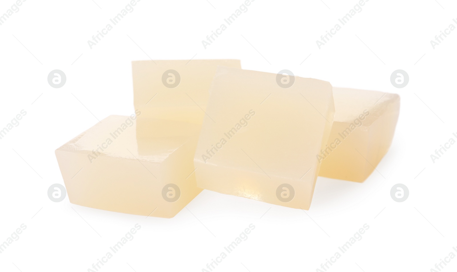 Photo of Many agar-agar jelly cubes on white background