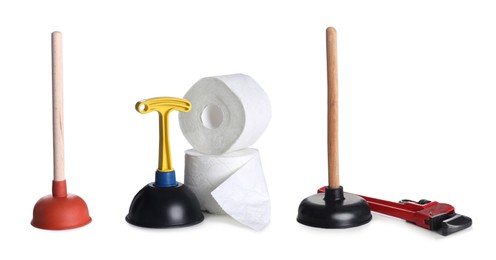 Image of Set with different plungers on white background. Banner design