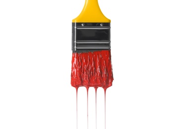Photo of Brush with red paint isolated on white