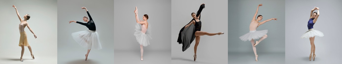 Ballerina practicing dance moves on grey background, set of photos