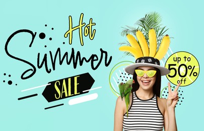 Image of Hot summer sale flyer design. Happy woman with parrot and text on turquoise background