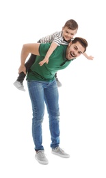 Photo of Portrait of dad playing with his son isolated on white