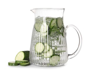 Photo of Refreshing cucumber water with rosemary in jug isolated on white