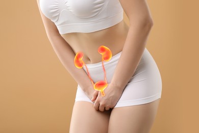 Image of Woman suffering from cystitis on beige background, closeup. Illustration of urinary system