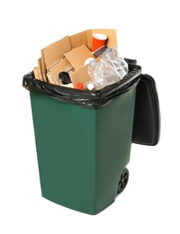 Photo of Trash bin with garbage on white background. Waste recycling
