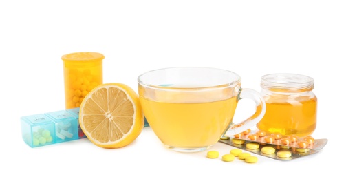Photo of Composition with cold remedies on white background. Sore throat treatment