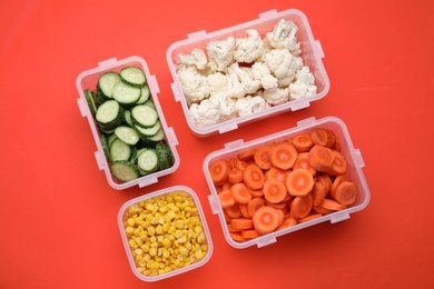 Photo of Plastic containers with different fresh products on red background, flat lay