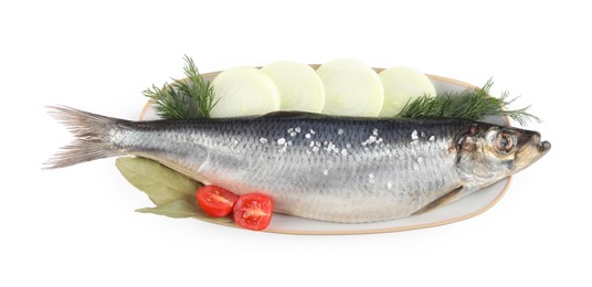 Plate with salted herring, onion rings, cherry tomato, bay leaves and dill isolated on white, top view