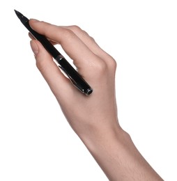 Photo of Woman holding pen on white background, closeup of hand