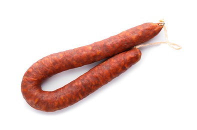 Photo of Tasty sausage on white background, top view. Meat product