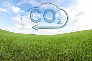 Image of Concept of clear air. CO2 inscription in illustration of cloud with arrow and beautiful meadow. Fisheye lens effect