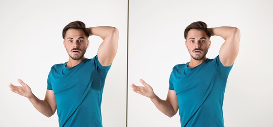 Image of Man in t-shirt before and after using deodorant on white background