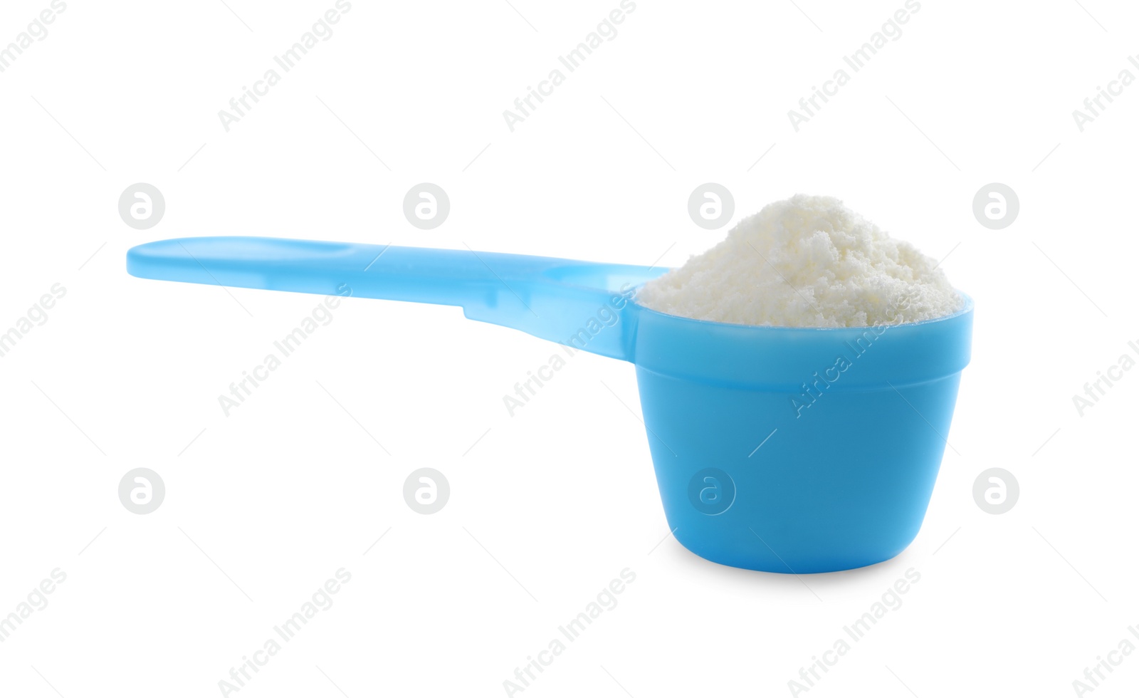 Photo of Scoop of powdered infant formula isolated on white. Baby milk