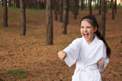Photo of Cute little girl in kimono practicing karate in forest