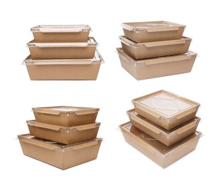 Image of Set with paper containers for food on white background