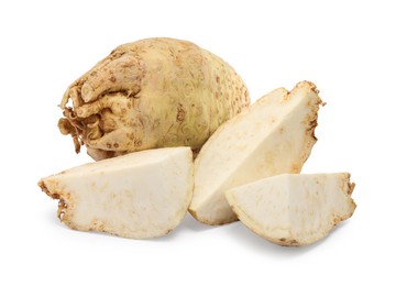 Photo of Whole and cut celery roots isolated on white