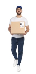 Photo of Happy young courier with cardboard box on white background