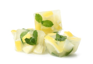 Photo of Ice cubes with mint and lemon on white background