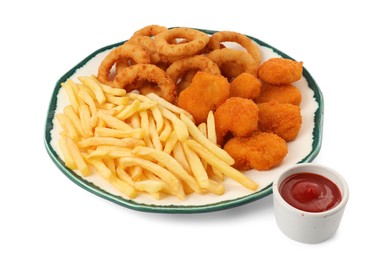 Photo of Tasty chicken nuggets, french fries, fried onion rings and ketchup on white background