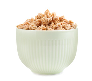 Image of Tasty crispy granola in bowl isolated on white