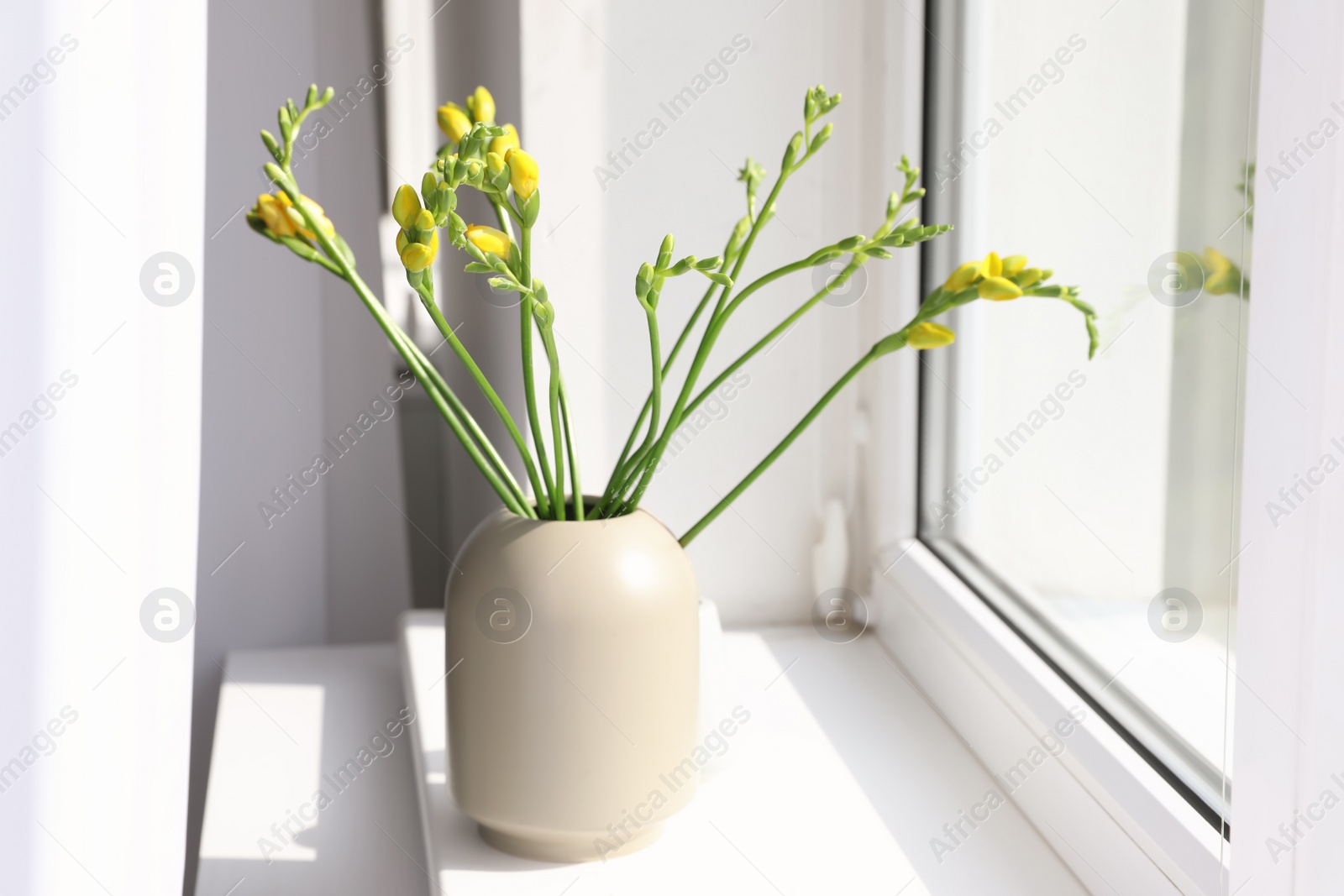 Photo of Beautiful yellow spring freesia flowers on window sill in room