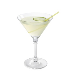 Photo of Glass of tasty martini with cucumber on white background