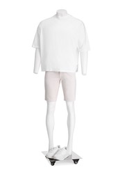 Photo of Male mannequin with shoes dressed in stylish t-shirt and shorts isolated on white